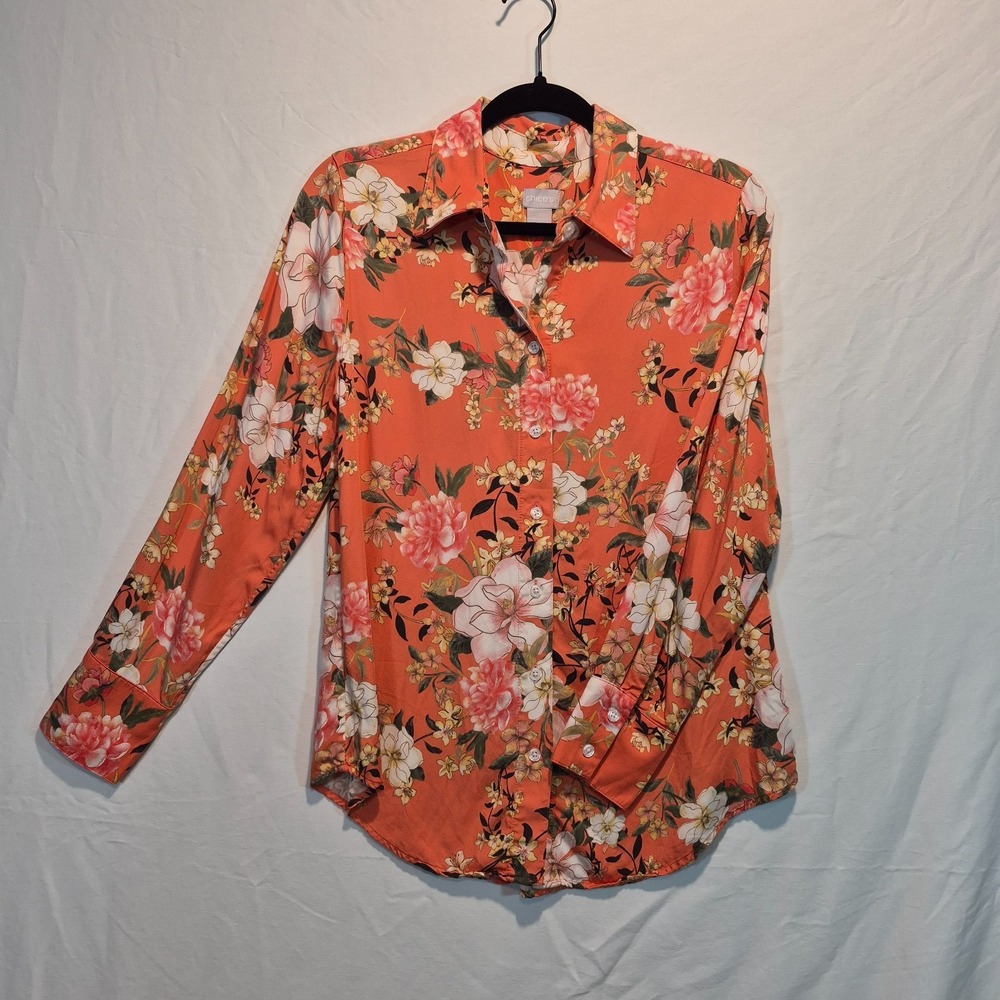 Chico's Womens Button Down Shirt Floral Coral 1 (Med)‎ Artsy Statement Piece